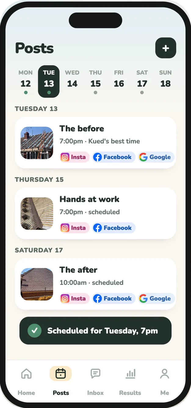 Kued posts calendar with three posts scheduled across the week